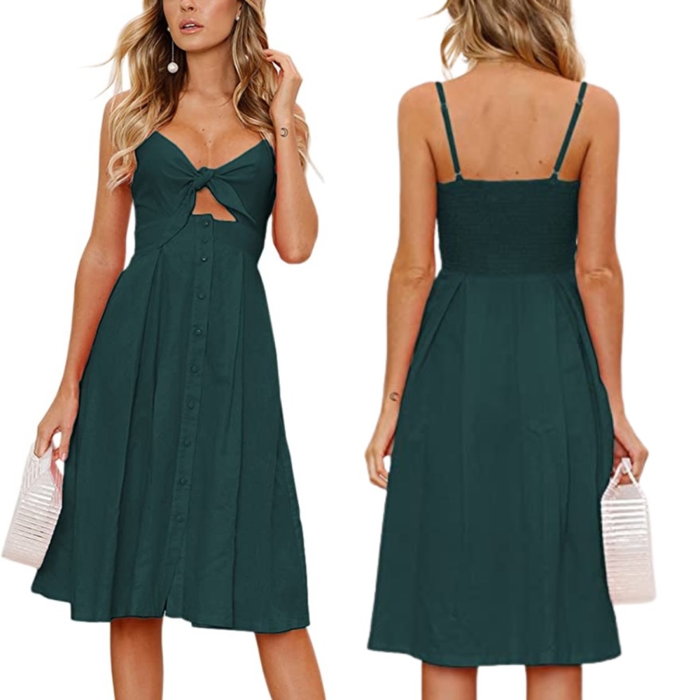 Teal Button Front Tie Front Plunging Midi Sun Dress | Size Medium Large